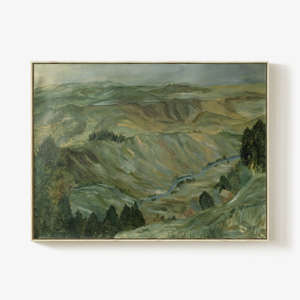 Country Hillside France painting in a light wood frame depicting a lush green landscape with a river