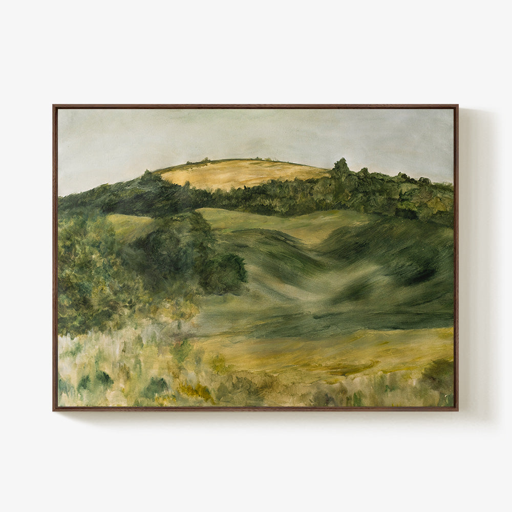 Painting of an Italian countryside with green rolling hills and a golden field under a light sky
