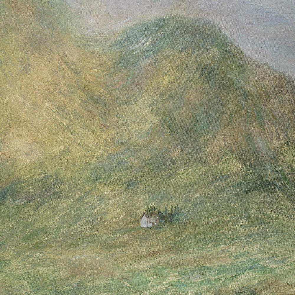 Close-up of a painting showing a small white house nestled in the green hills of a Scottish countryside