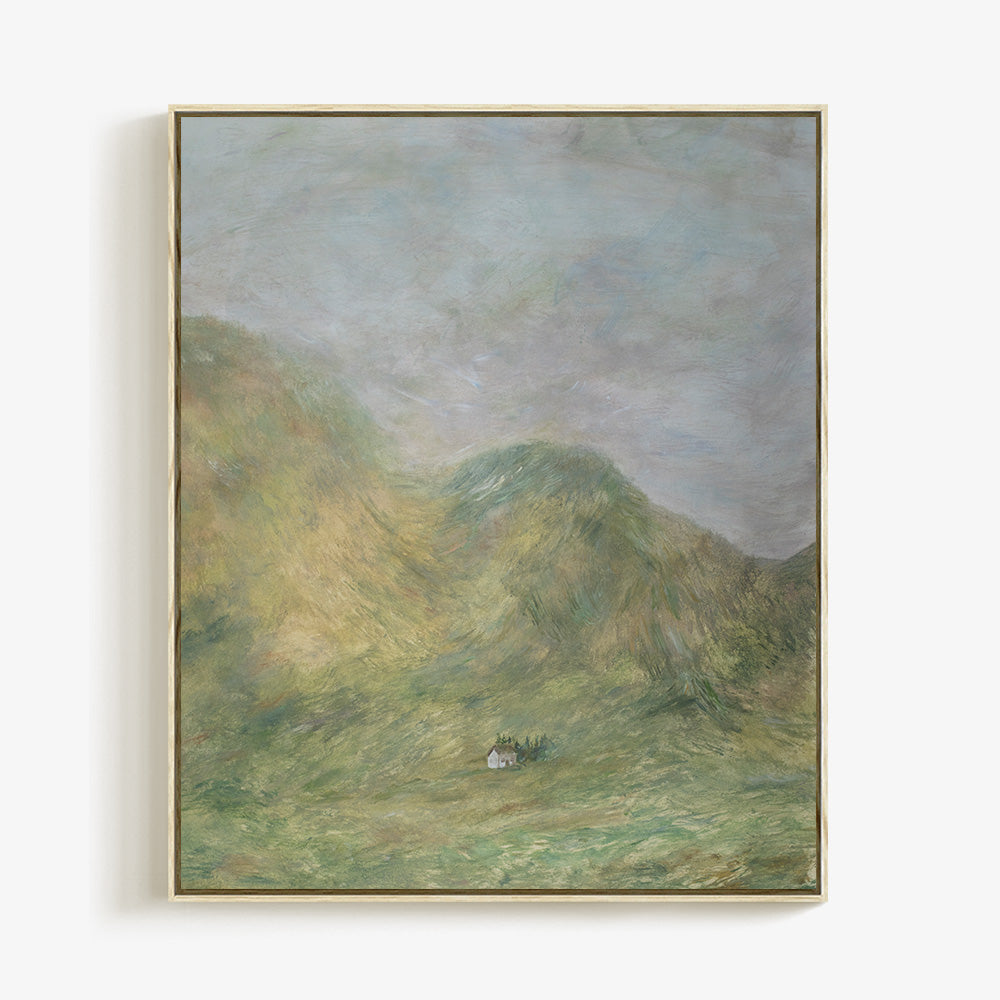 Painting of a Scottish hillside with green hills a small white house and a gray cloudy sky