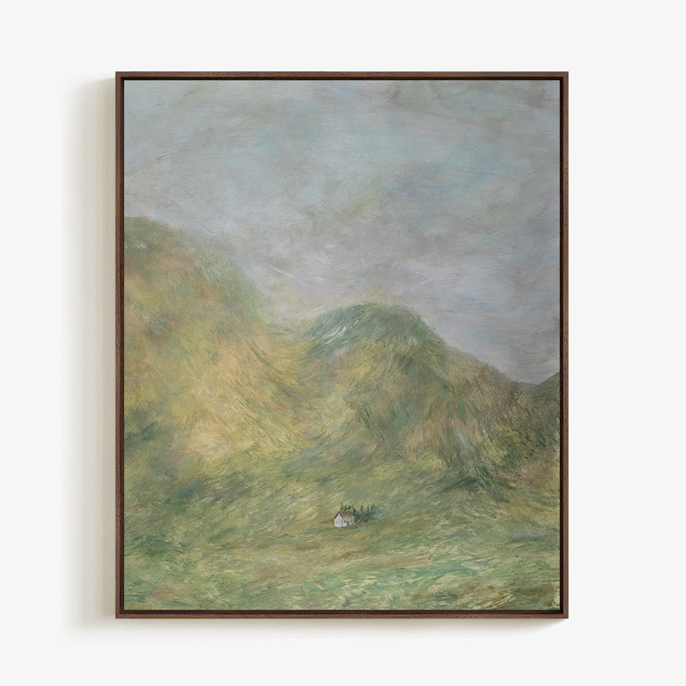 Painting of a Scottish hillside with green hills a small white house and a gray cloudy sky