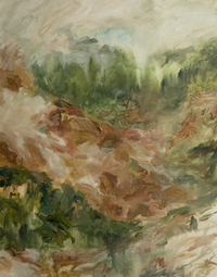 Abstract nature painting with sweeping brushstrokes in olive green warm ochre and soft cream tones
