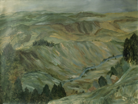 Landscape painting of a lush rolling green countryside with a small river flowing through the hills