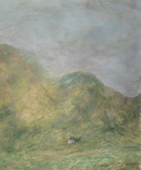 Detail view of a painting showcasing heavy brushstrokes on a hillside landscape with a small simple house