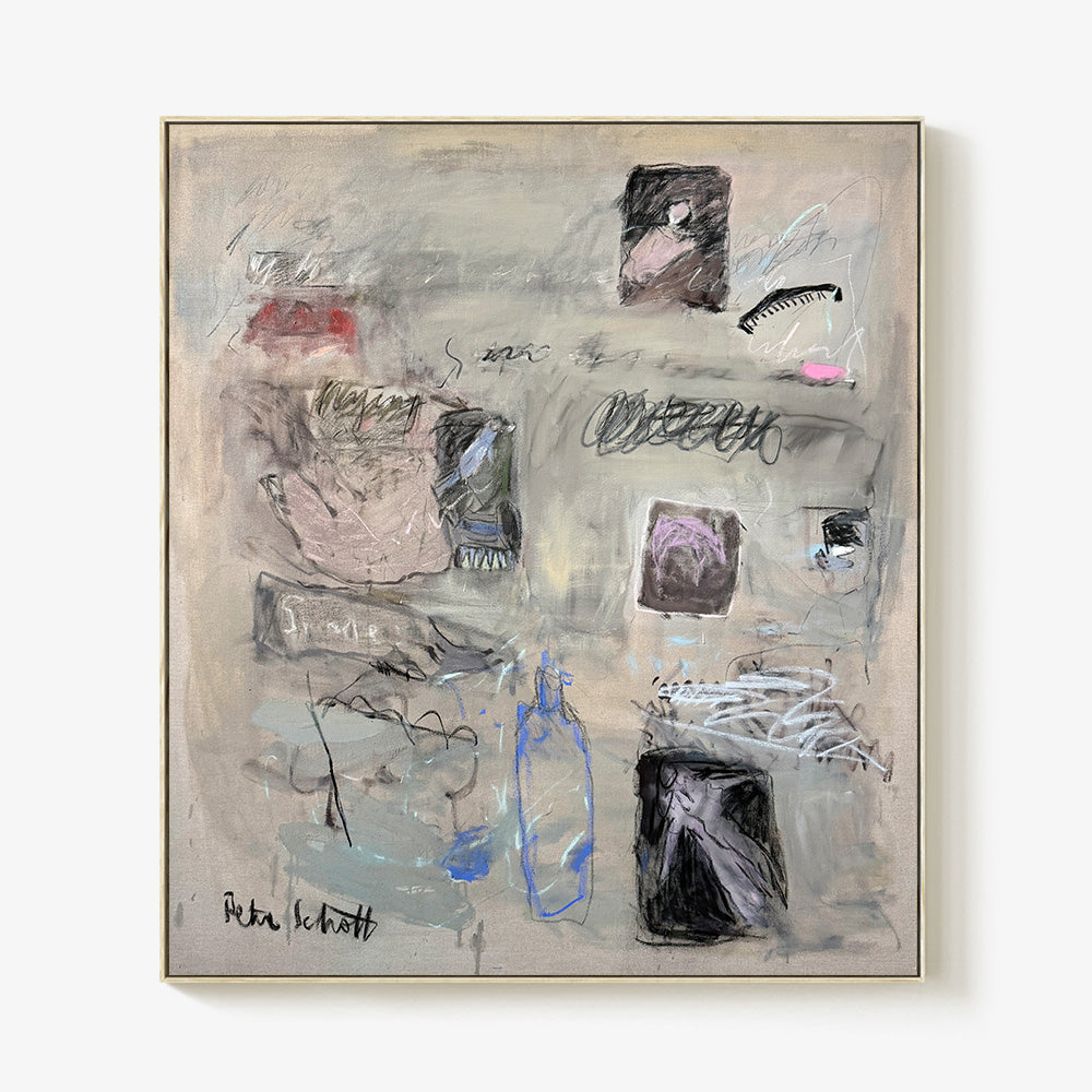 Abstract painting on a neutral background with scattered gestural marks dark rectangles and a blue line drawing