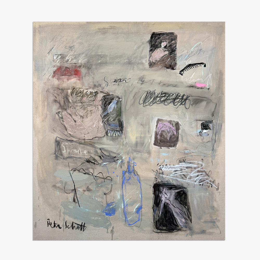 Abstract square painting on linen canvas featuring mixed media elements of charcoal lines and soft color wash