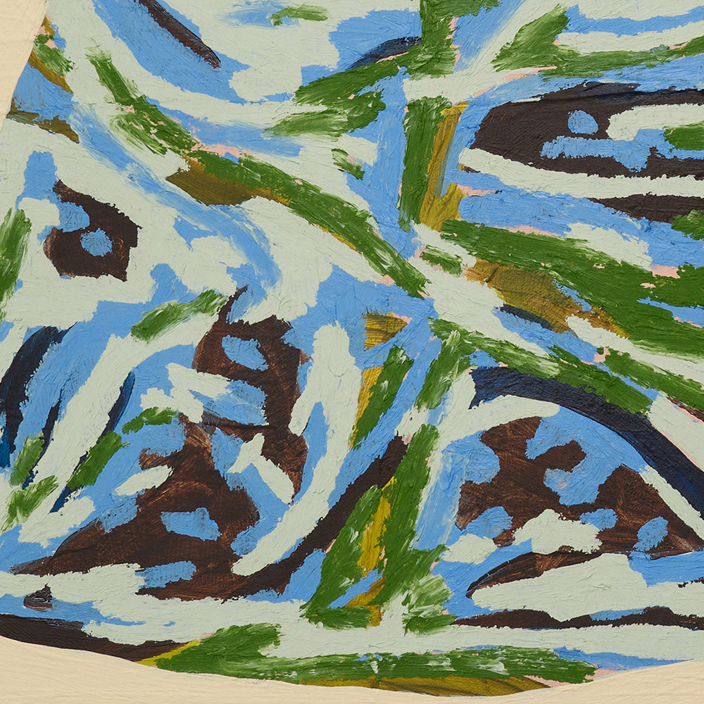 Detailed view of impasto brushstrokes in blue green and dark brown applied with visible texture on a cream ground
