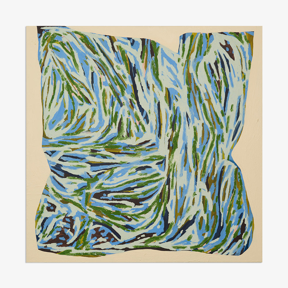 Textured square painting titled Drishti by Codie OConnor with abstract blue green and dark markings