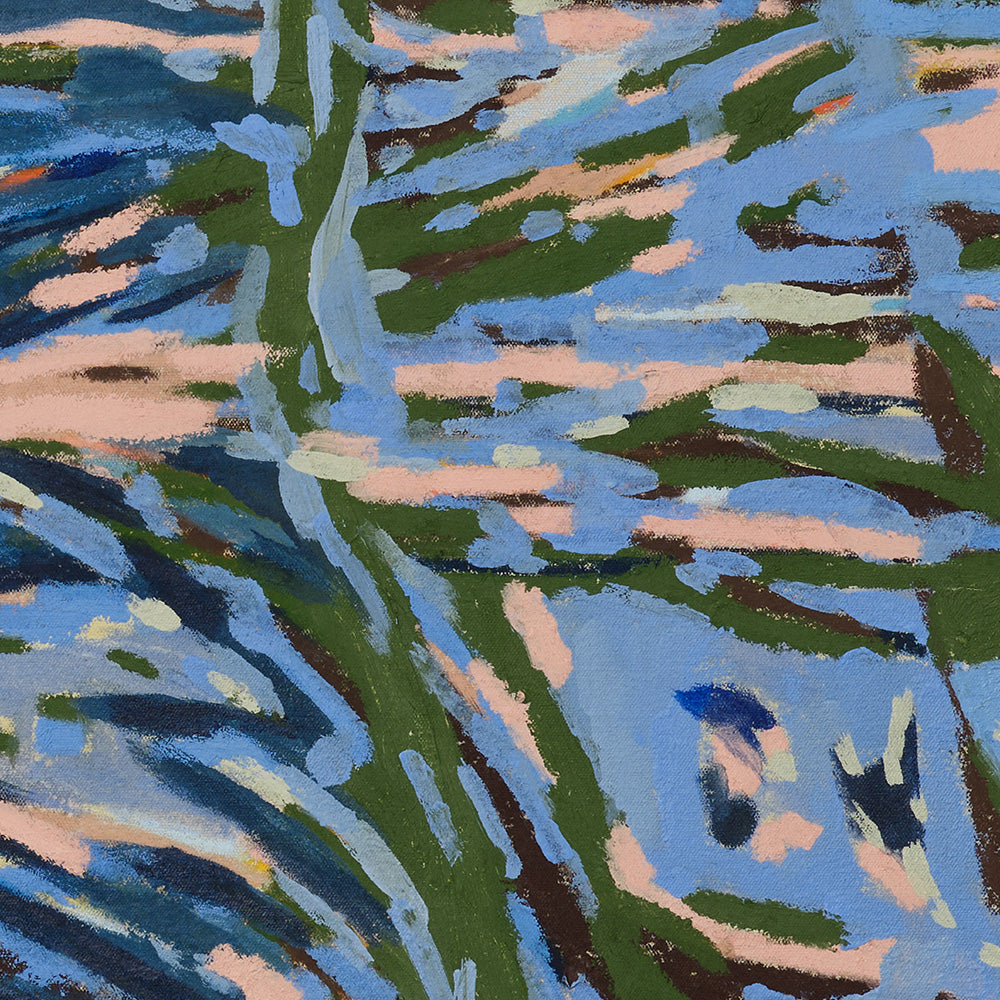 Close up detail of a painting titled Driveway Stars with horizontal streaks of pink light blue and deep green