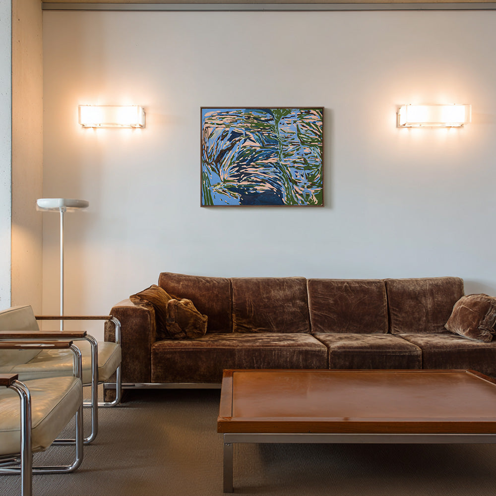 Abstract painting titled Driveway Stars hanging on a white wall above a brown velvet sofa in a modern living room