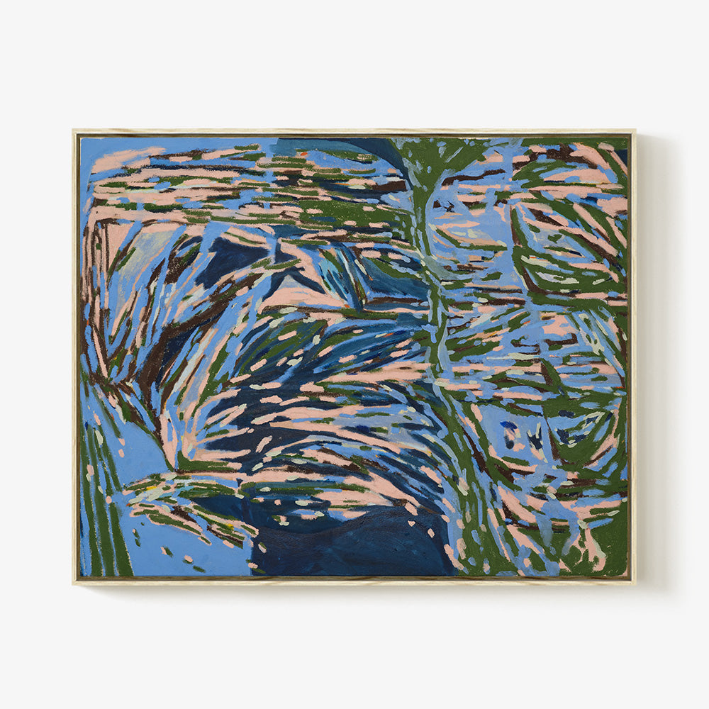 Rectangular painting titled Driveway Stars with abstract landscape-like layers of light pink blue and dark green