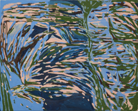 Detailed view of the painting titled Driveway Stars featuring textured layers of light blue pink and forest green
