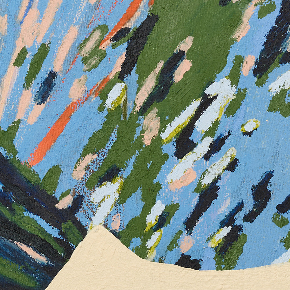 Close up of an abstract oil painting with expressive gestural brushstrokes in blue green and orange