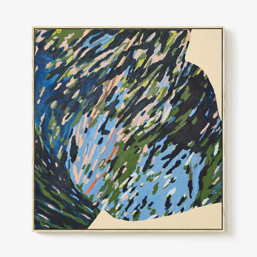 Square painting with bold textured blue and green strokes on a pale background framed in wood
