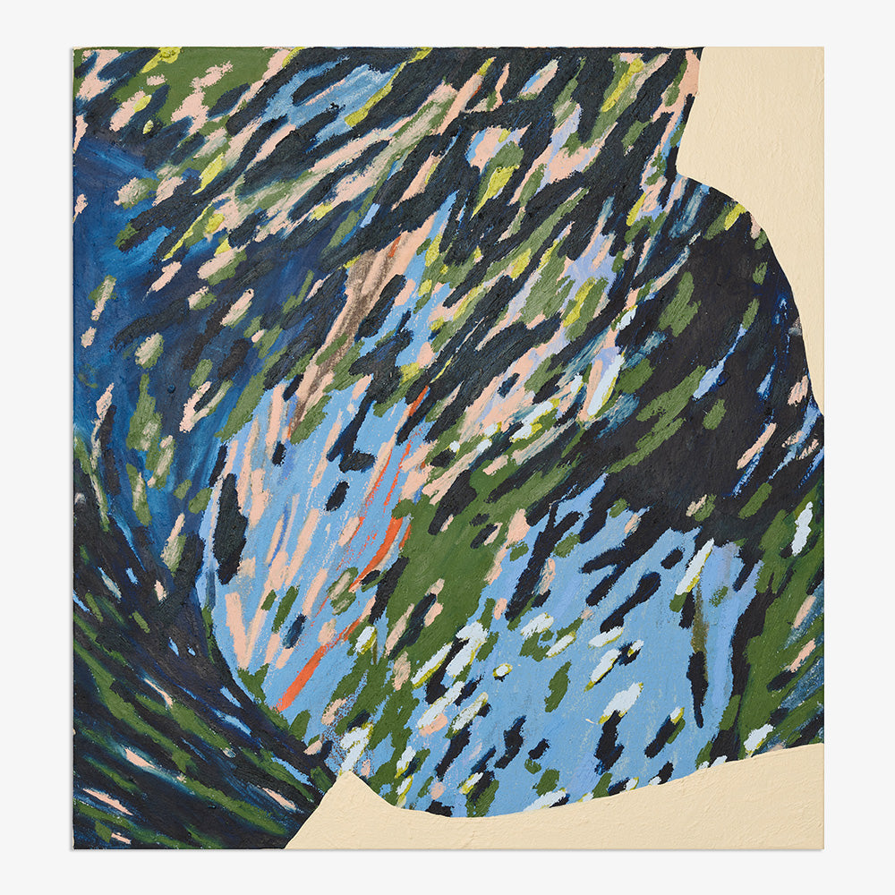 Abstract artwork showing layers of dark blue and olive green paint on a canvas with a light background