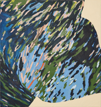 Square canvas showing dynamic diagonal paint application in blue green and white shades