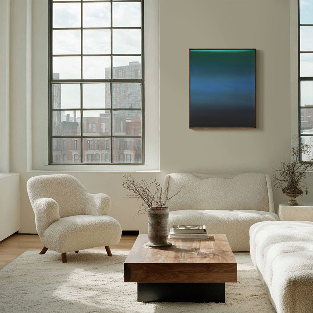 Christine Kwons Emerald Tide painting hanging on a light beige wall in a living room