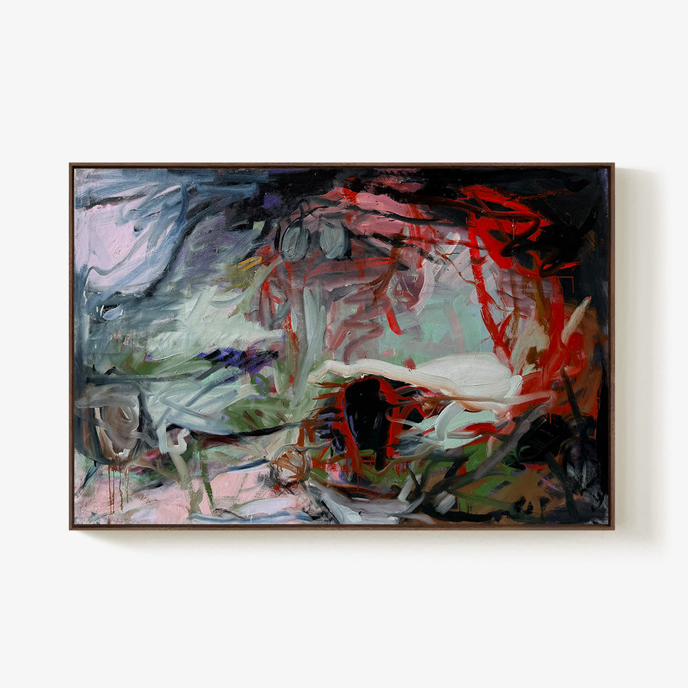 Framed abstract painting by Petra Schott featuring bold red black and muted green strokes on a white background