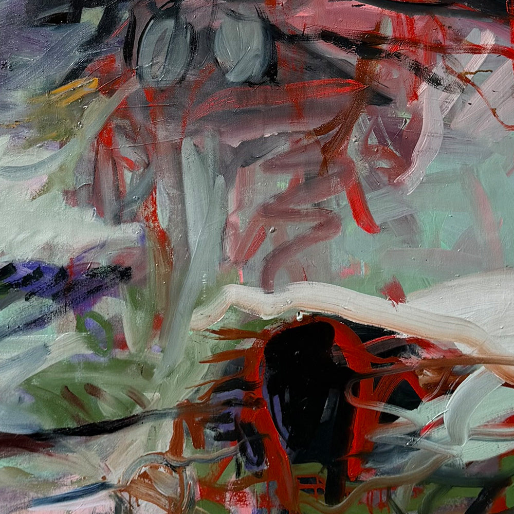 Detailed view of an abstract painting by Petra Schott with intense red black and soft green brushwork