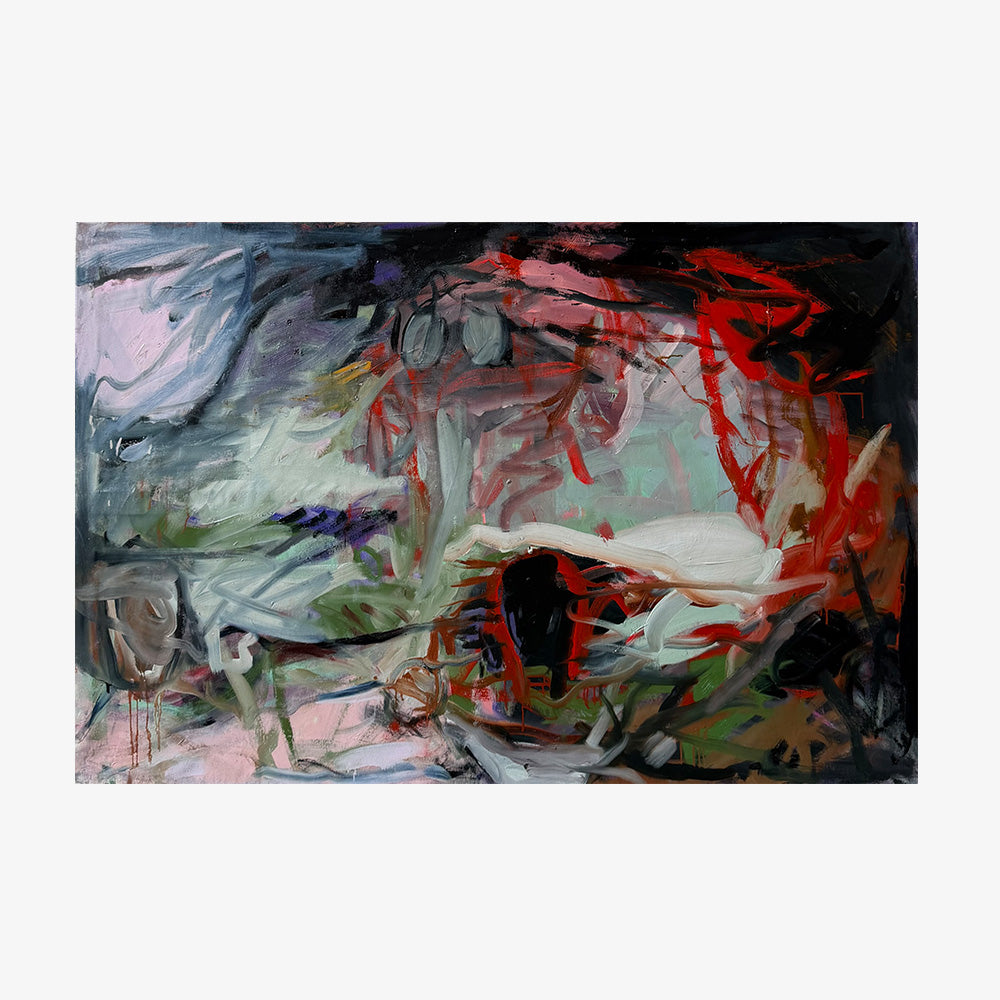 Horizontal abstract painting Evening Mysteries showing rich textures and a blend of dark red and green colors