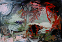 Abstract painting by Petra Schott with expressive red black and pale green strokes on a cream-toned surface