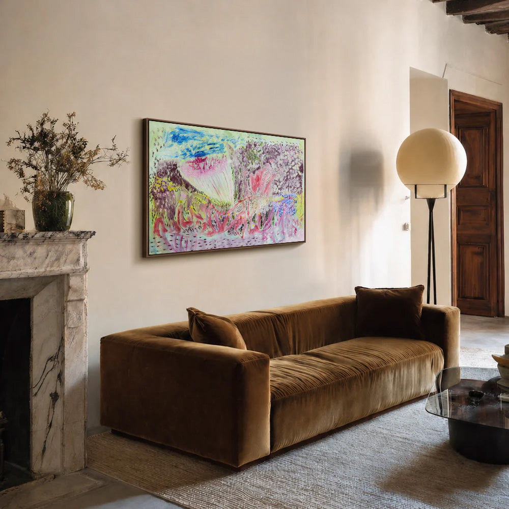 Abstract landscape painting with soft expressive brushwork in pastel shades of pink yellow and lavender