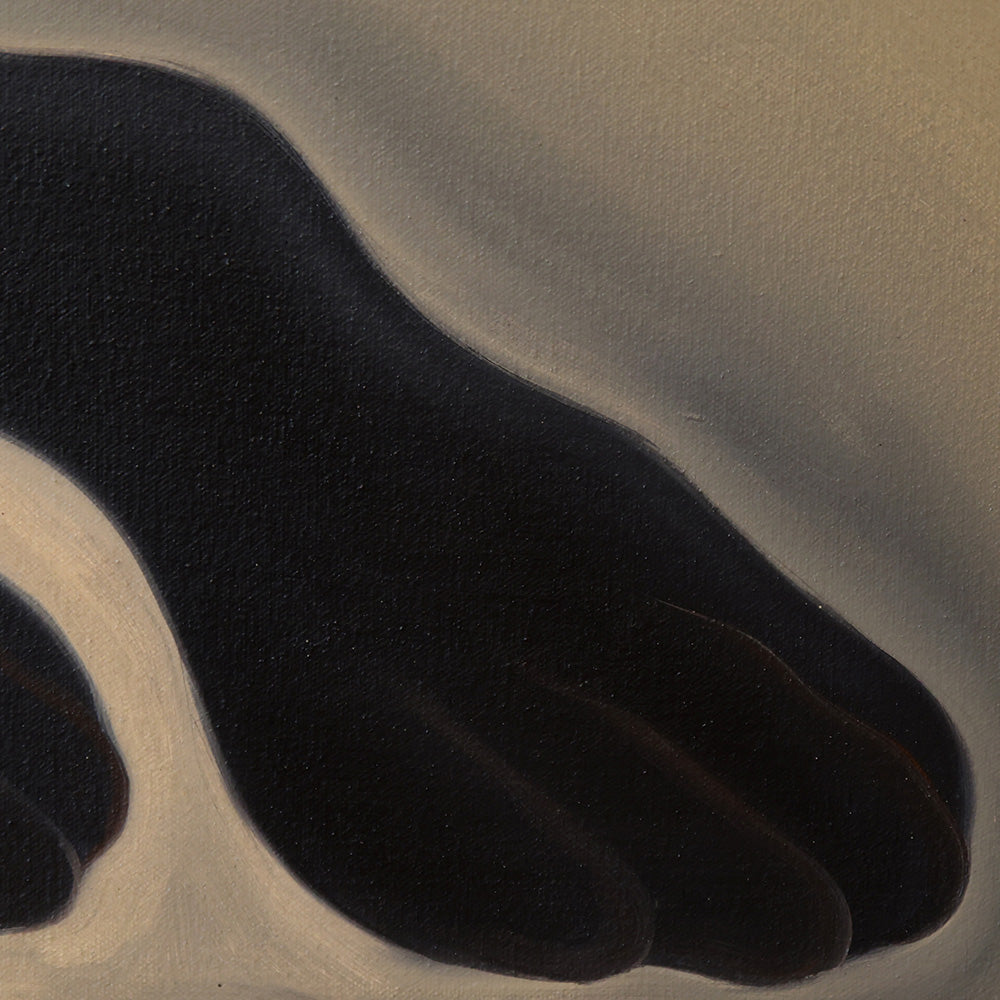 Fragment of an oil painting showing a dark smooth animal limb against a soft tan background