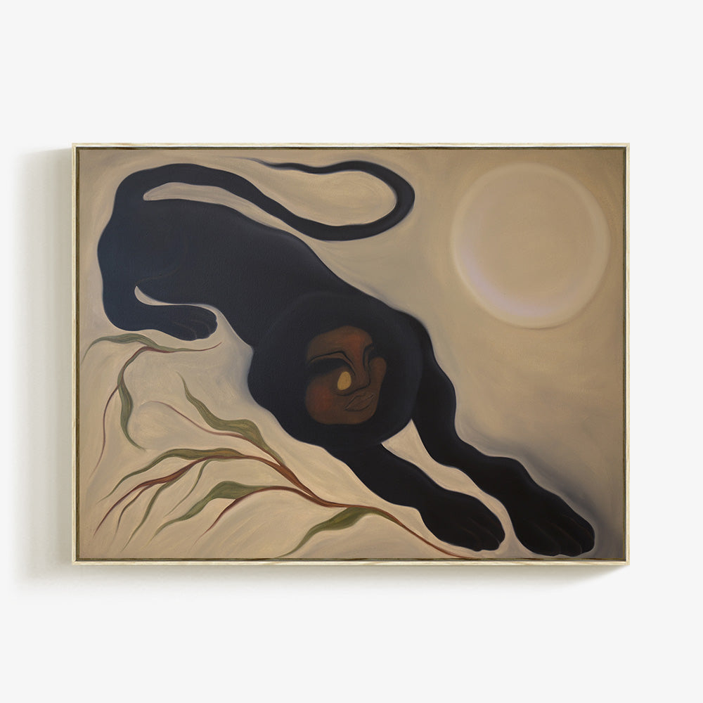 Framed horizontal painting of a dark stylized panther with human-like features reaching toward a moon