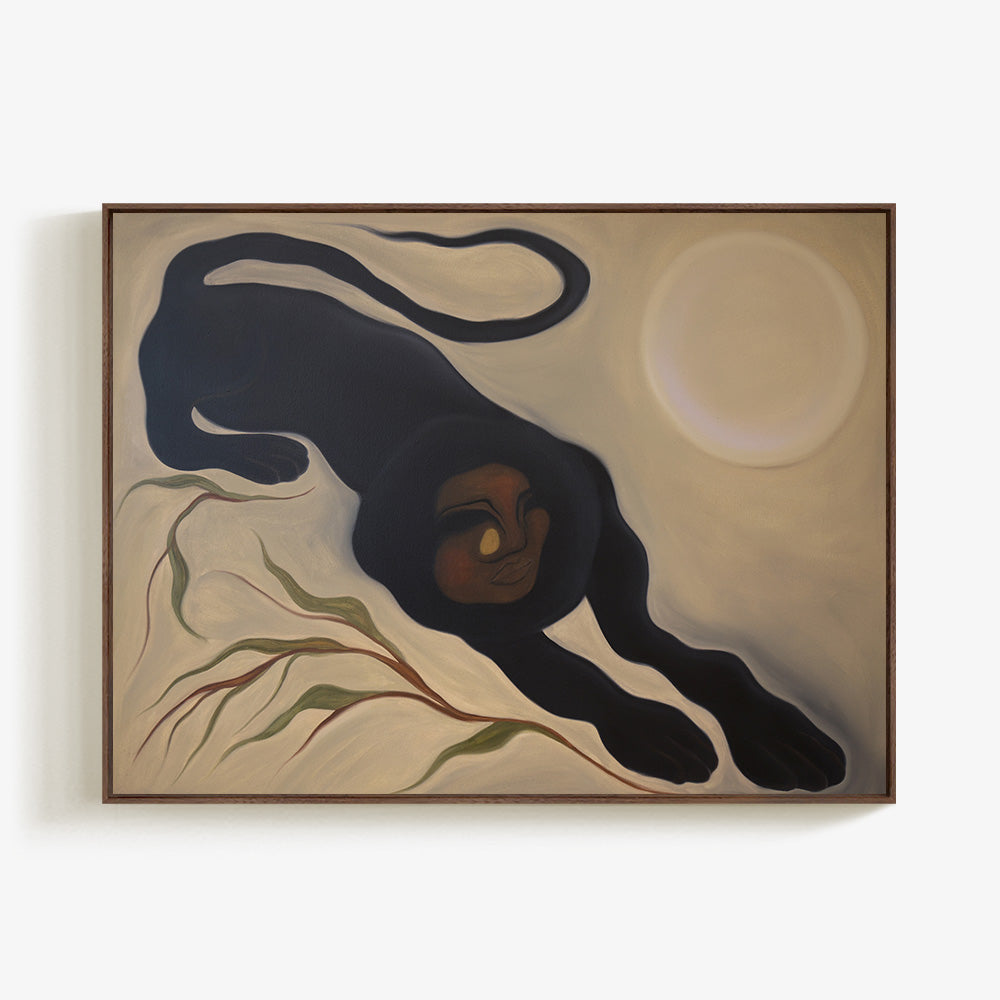 Painting of a black panther with a human-like face under a moonlit sky next to wispy leaves in a brown wooden frame