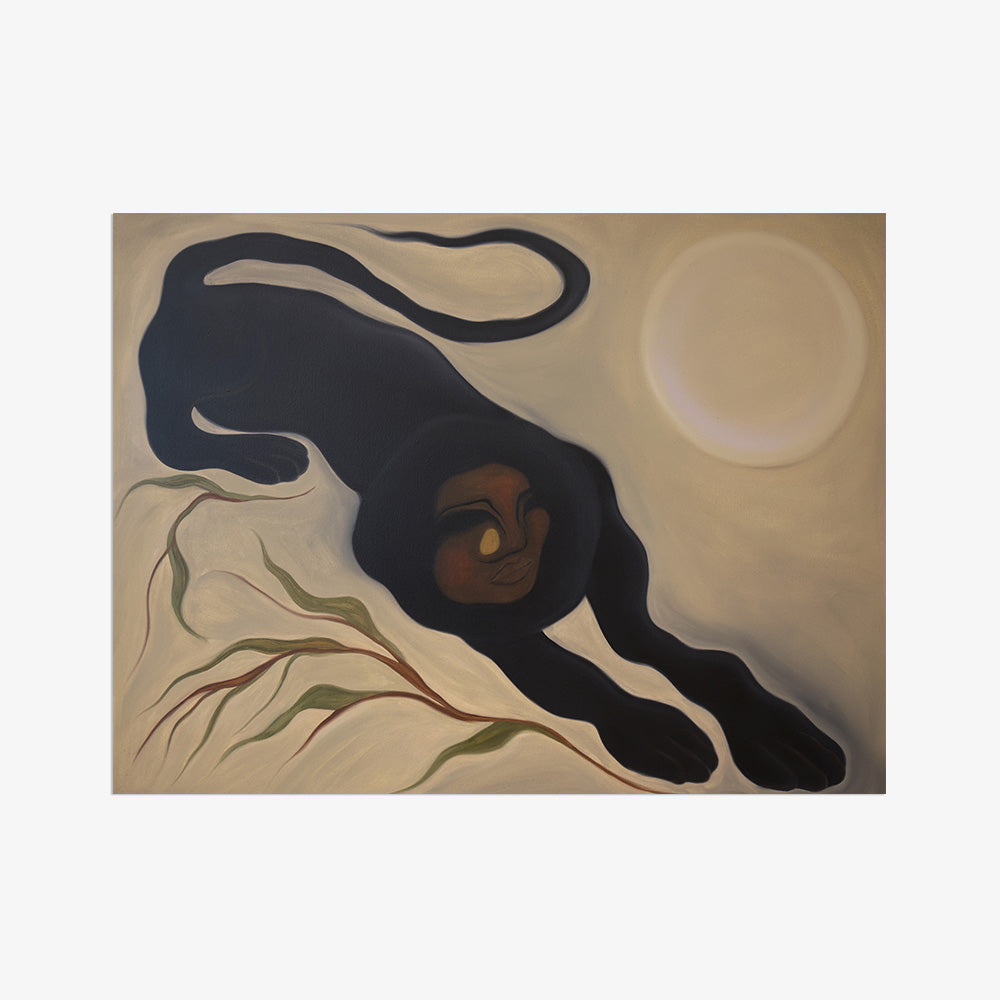 Painting of a black panther with a human-like face under a moonlit sky featuring muted tones and organic shapes