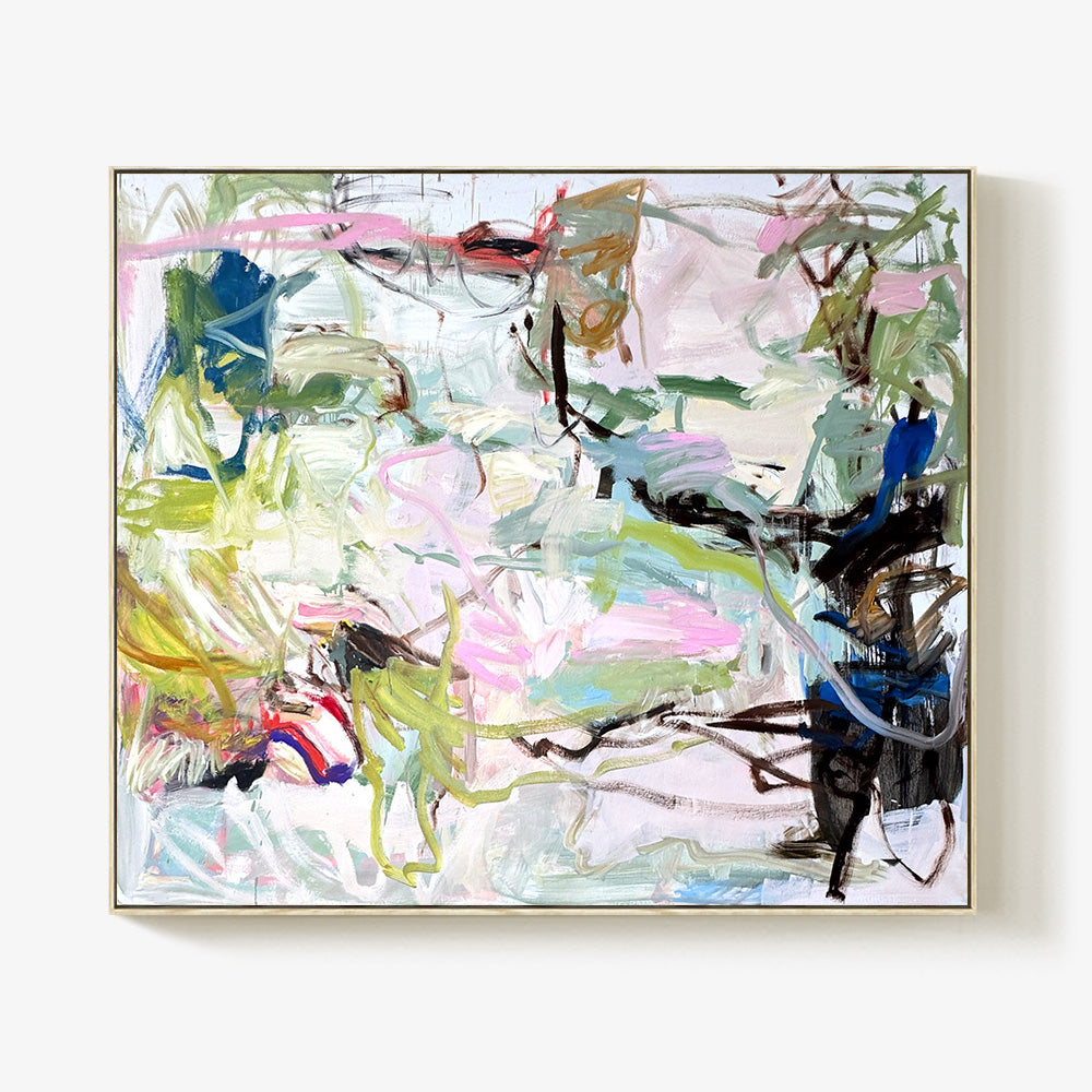 Abstract painting with vibrant strokes of lime green sky blue and soft pink in a thin wooden frame