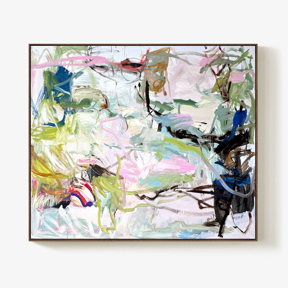 Abstract art featuring energetic brushwork in lime green blue and pastel pink enclosed in a slim frame