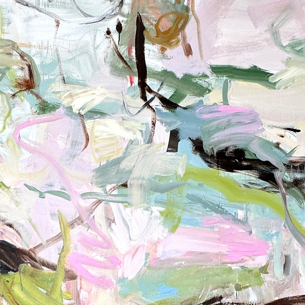 Detail of an abstract painting showing textured layers of white light pink lime green and dark brown paint