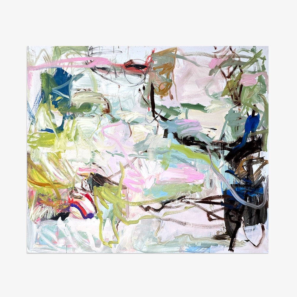 Abstract painting by Petra Schott featuring energetic brushstrokes in shades of green blue pink and black
