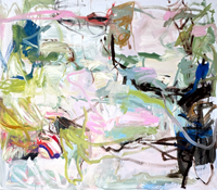 Abstract painting by Petra Schott featuring energetic brushstrokes in shades of green blue pink and black