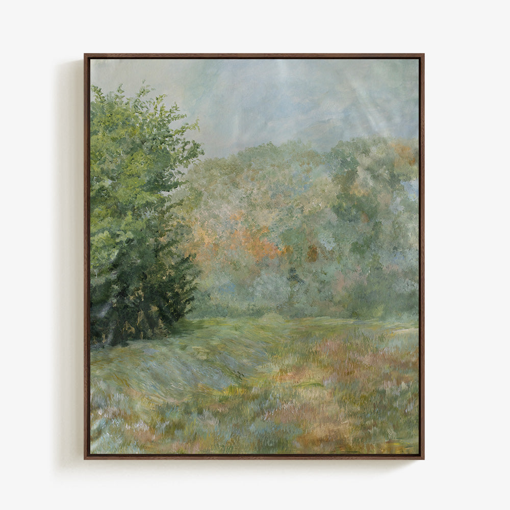 Impressionistic painting of a lush green forest meadow with a dark brown frame