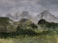 Artistic rendition of a mountainous terrain with dense green foliage and a heavily clouded overcast sky