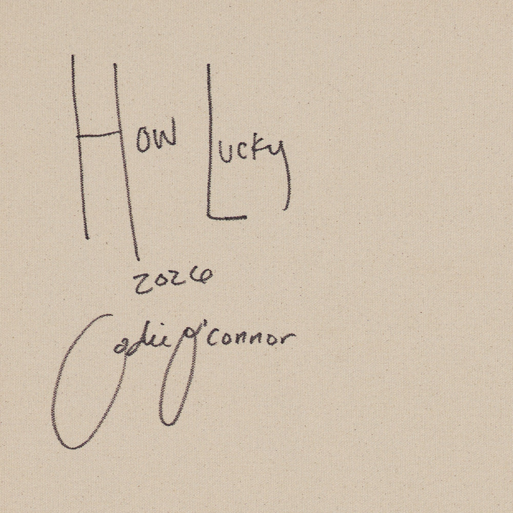 Painting detail showing artists signature Codie OConnor and How Lucky 2020 on a beige canvas
