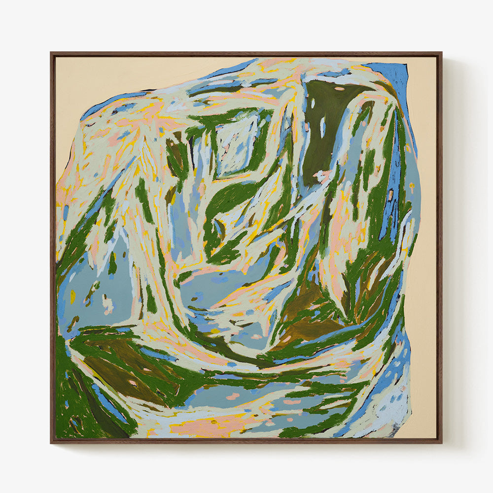 Abstract painting How Lucky by Codie OConnor with dark green light blue yellow and pink strokes on a beige canvas