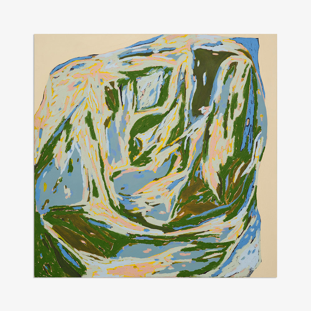 Abstract painting How Lucky by Codie OConnor with dark green light blue yellow and pink strokes on a beige canvas