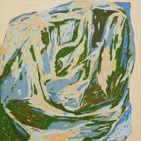Abstract canvas painting featuring thick expressive marks of green blue and off-white colors