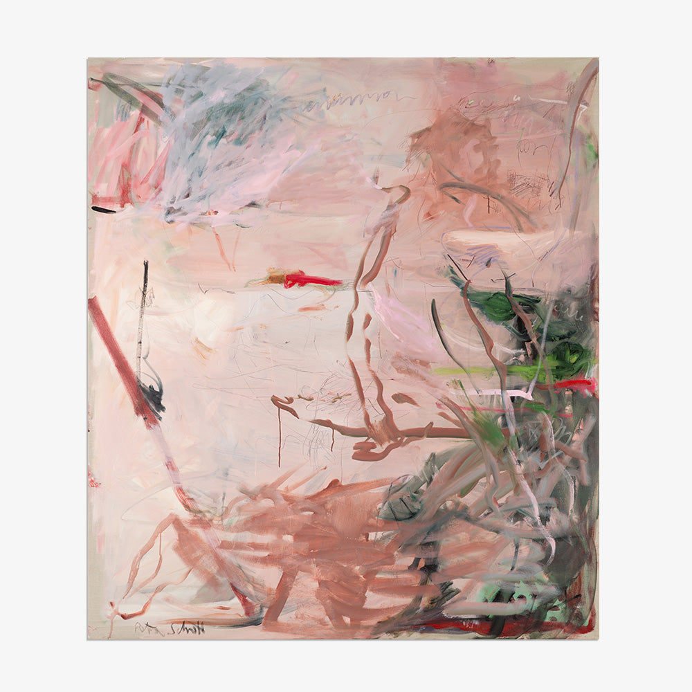 Vertical abstract painting featuring a delicate mix of blush pink dark green and bright red gestural lines