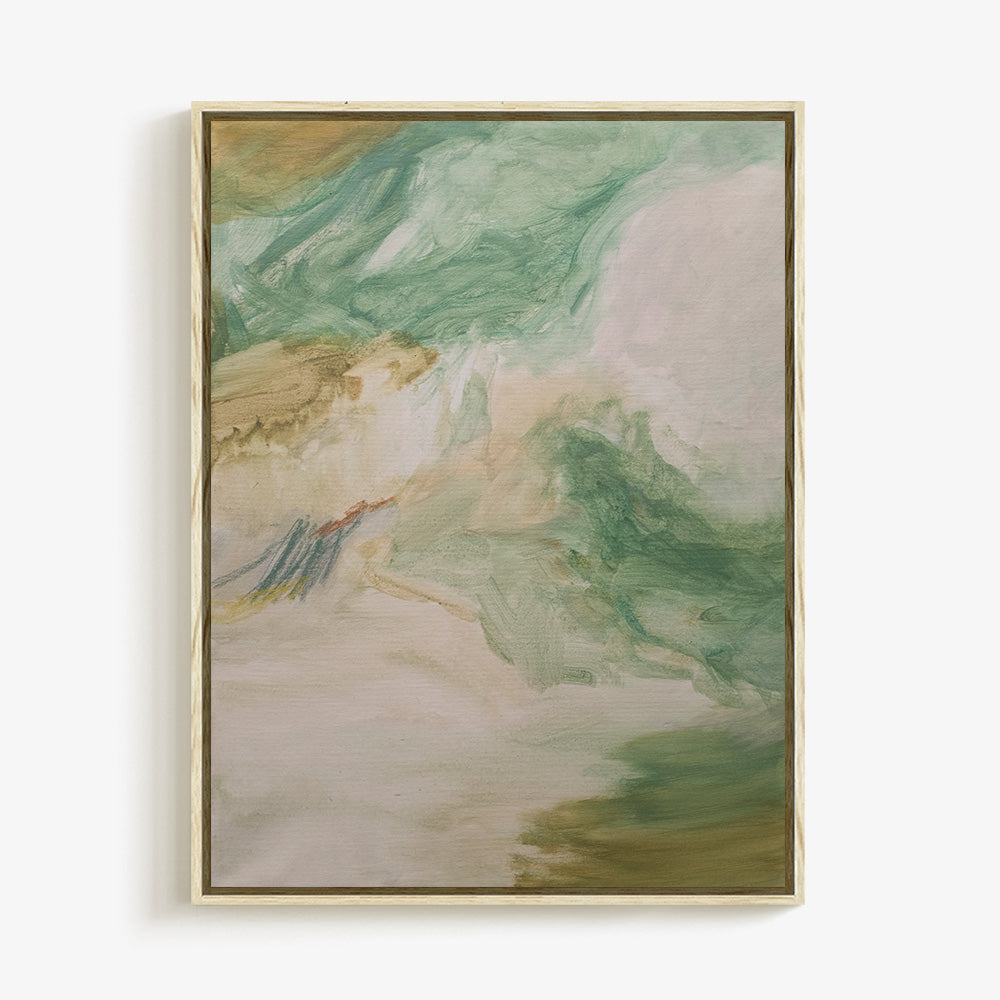 Abstract painting in light wood frame featuring brushstrokes of pale green beige and white colors