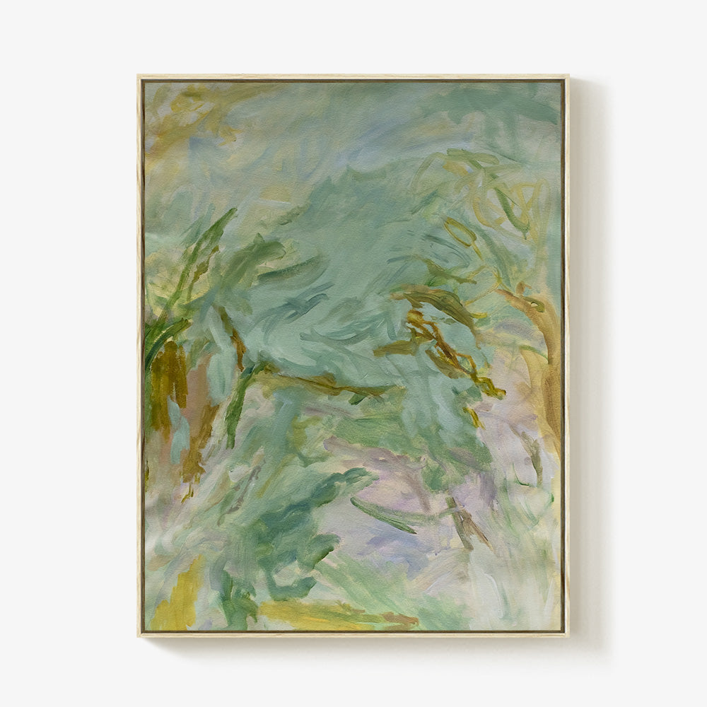 Vertical abstract painting with loose brushstrokes in light greens yellows and hints of purple framed in light wood