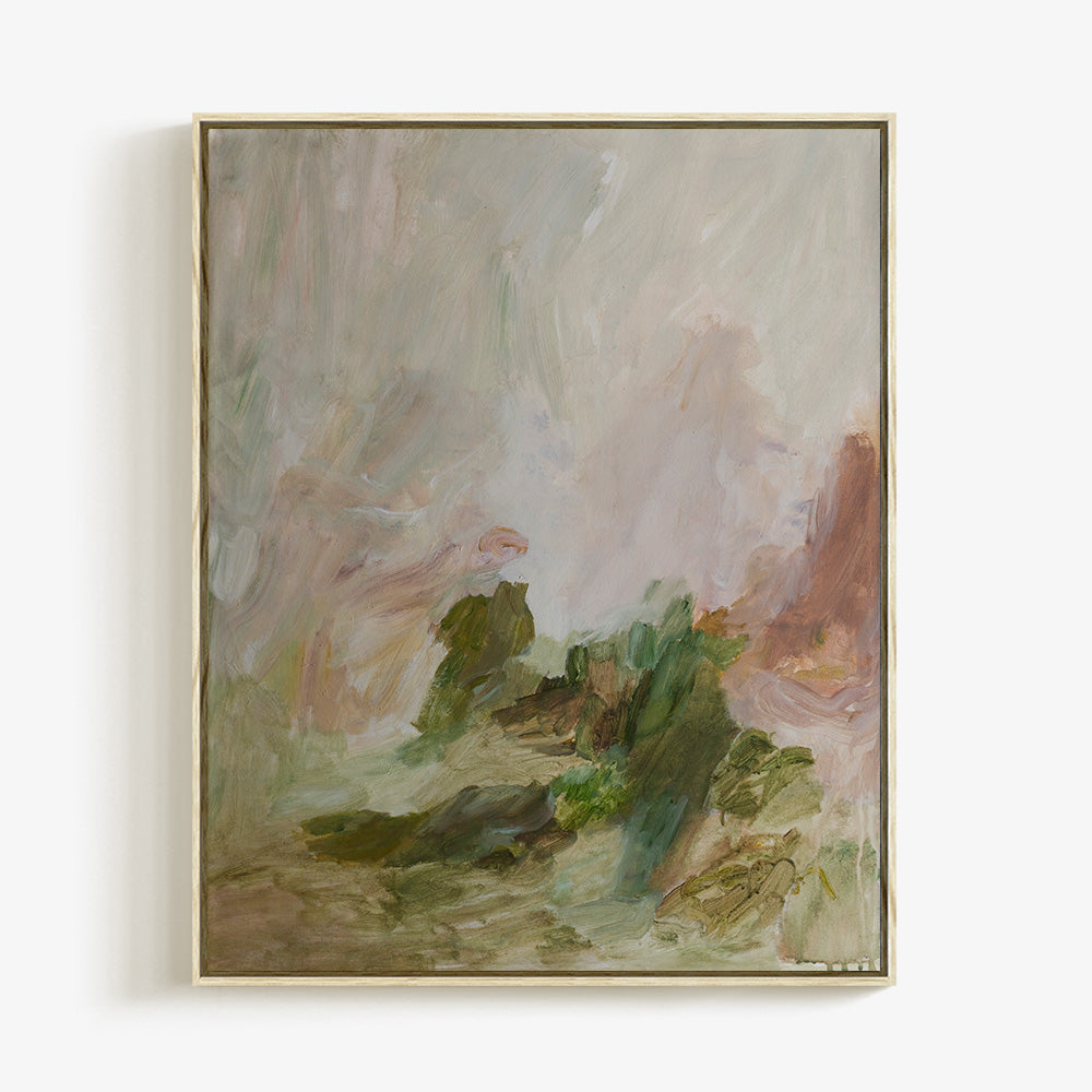 Abstract painting In the Garden 03 with soft pink green and brown brushstrokes resembling a garden in a thin frame