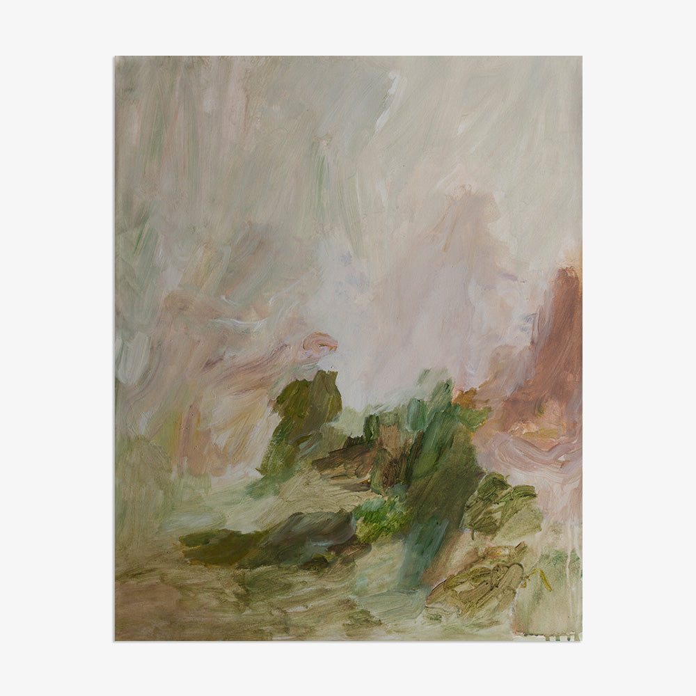 Close-up of Emily Tingeys In the Garden 03 abstract painting with greens browns and faint pinks