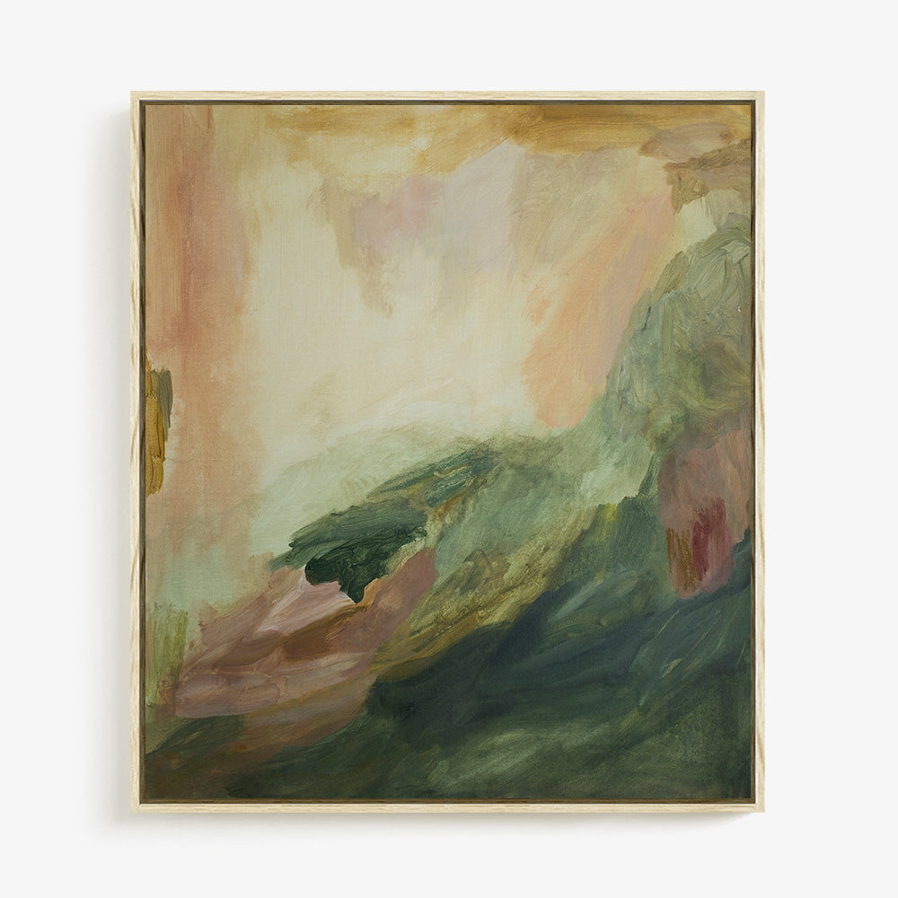 Abstract painting with shades of green pink and yellow presented in a light wooden frame