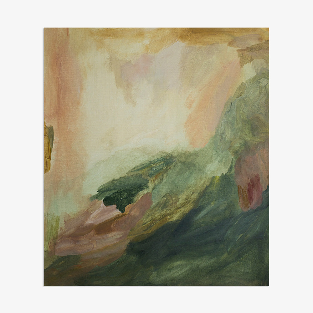 Abstract painting with shades of green pink and yellow unframed against a white background
