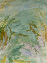 Close-up of an abstract painting showing soft textured layers of green blue and hints of ochre