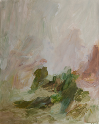 Soft-focus landscape painting with expressive strokes in a muted palette of sage cream and warm terracotta